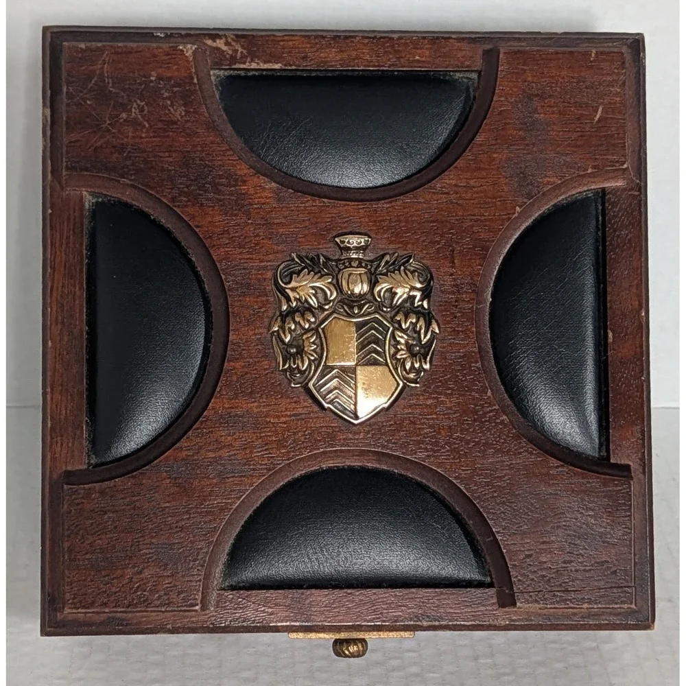 Vintage A Price Import Japan Wood Jewelry Valet Box Heraldic Crest Velvet Lined